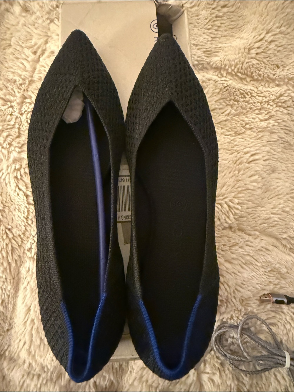 Rothy's Black Pointed Knit Flats with Blue Trim
